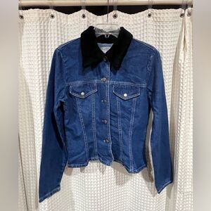 Blue and Black Jean Jacket with Faux Fur and Drawstring Back